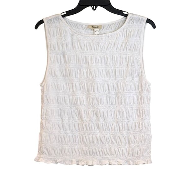 Madewell Smocked Cotton Linen Blend Ruffle Hem Boatneck Tank White Size XXS NWT - Picture 4 of 10
